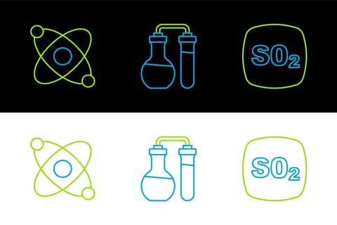 Set line Sulfur dioxide SO2, Atom and Test tube icon. Vector Stock Illustration