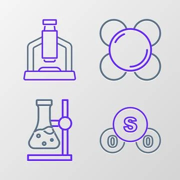Set line Sulfur dioxide SO2, Test tube flask on stand, Molecule and Microsc.. Stock Illustration