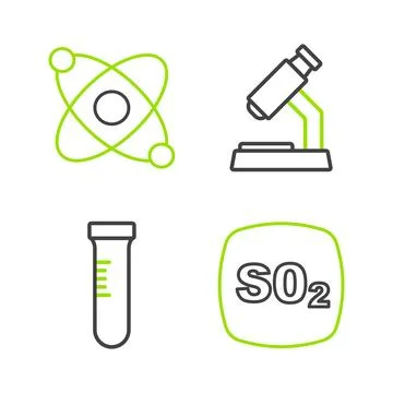 Set line Sulfur dioxide SO2, Test tube, Microscope and Atom icon. Vector Stock Illustration