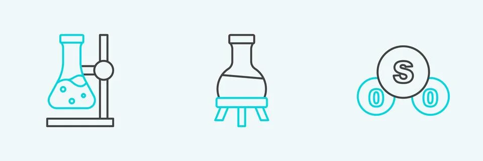 Set line Sulfur dioxide SO2, Test tube flask on stand and  icon. Vector Иллюстрация