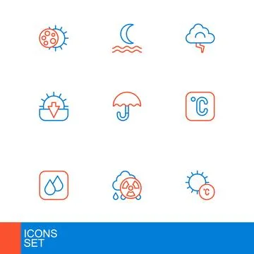 Set line Sun, Acid rain radioactive cloud, Water drop, Celsius, Sunset, Umb.. Illustration