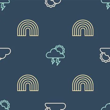Set line Sun and cloud weather, Rainbow and Storm on seamless pattern. Vector Stock Illustration