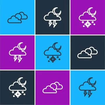 Set line Sun and cloud weather, Cloud with snow sun and Storm icon. Vector Illustrazione stock