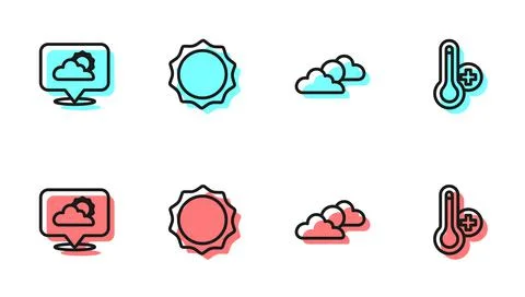 Set line Sun and cloud weather, Location, and Meteorology thermometer icon Stock Illustration