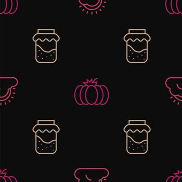 Set line Sun and cloud weather, Jam jar and Pumpkin on seamless pattern. Vector Stock Illustration