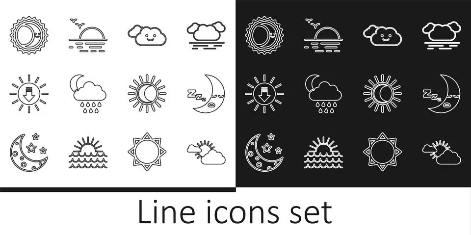 Set line Sun and cloud weather, Moon icon, Cloud, with rain moon, Sunset Ilustração Stock