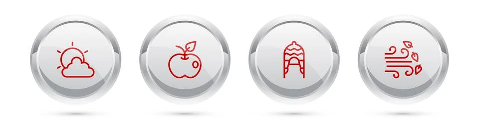 Set line Sun and cloud weather, Apple, Winter hat and Windy. Silver circle Stock Illustration