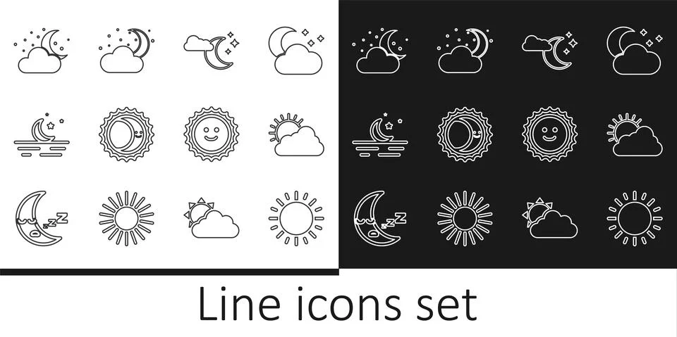 Set line Sun, and cloud weather, Cloud with moon stars, Eclipse of sun, Moon Ilustração Stock