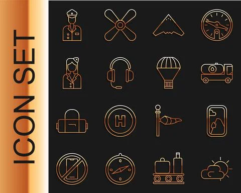 Set line Sun and cloud weather, Airplane window, Fuel tanker truck, Jet fighter Illustrazione stock