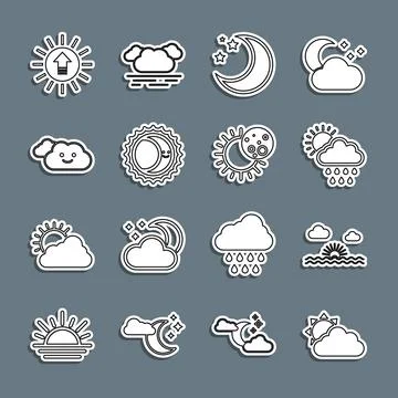 Set line Sun and cloud weather, Sunset, Cloud with rain sun, Moon stars, Eclipse Ilustração Stock