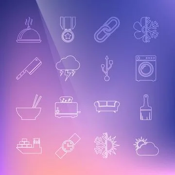 Set line Sun and cloud weather, Paint brush, Washer, Chain link, Storm, Meat Stock Illustration