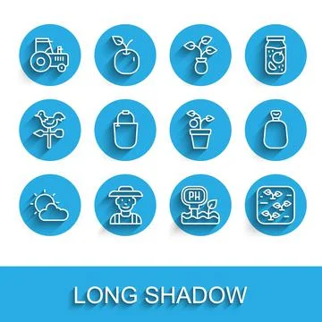Set line Sun and cloud weather, Farmer in hat, Tractor, Soil ph testing, Plant Stock Illustration