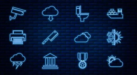 Set line Sun and cloud weather, snowflake, Toilet bowl, Meat chopper, Printer Stock Illustration