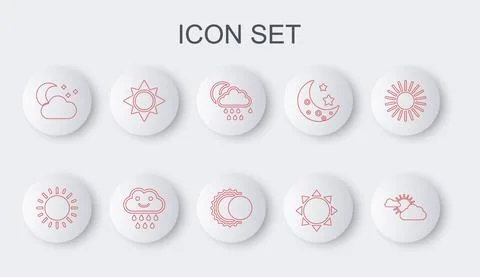 Set line Sun and cloud weather, Cloud with rain moon, stars, and Eclipse of sun Ilustração Stock