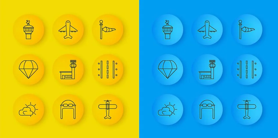 Set line Sun and cloud weather, Parachute, Airport control tower, Plane, runway Illustrazione stock
