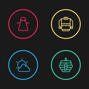 Set line Sun and cloud weather, Hive for bees, Sweater and Ghost icon. Vector Ilustração Stock