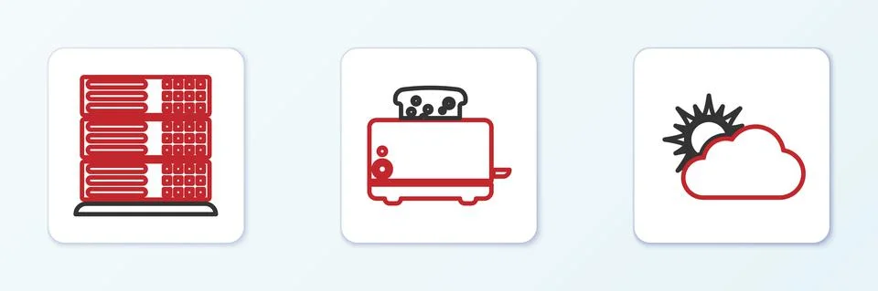 Set line Sun and cloud weather, Server, Data, Web Hosting and Toaster with Illustrazione stock