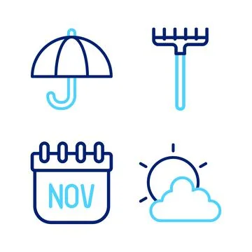Set line Sun and cloud weather, November calendar autumn, Garden rake and Stockillustratie