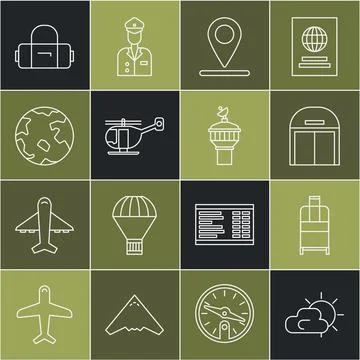 Set line Sun and cloud weather, Suitcase, Aircraft hangar, Location, Helicopter Illustrazione stock