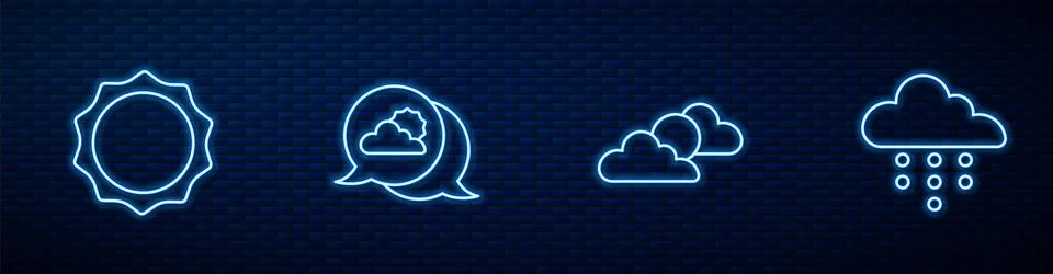 Set line Sun and cloud weather, , Location and Cloud with rain. Glowing neon Stock Illustration