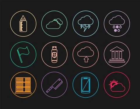 Set line Sun and cloud weather, Bank building, Storm, USB flash drive shield Ilustración de archivo