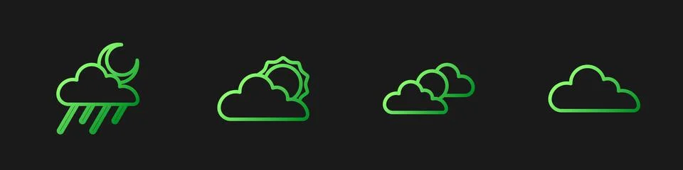 Set line Sun and cloud weather, Cloud with rain moon, and . Gradient color icons Stock Illustration
