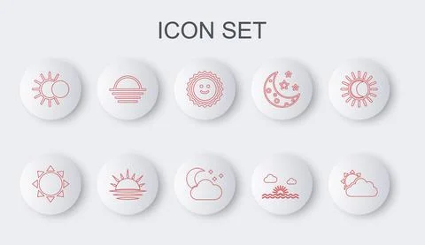 Set line Sun and cloud weather, Sunset, Eclipse of sun, and Cloud with moon Ilustração Stock