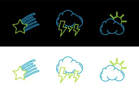 Set line Sun and cloud weather, Falling star and Storm icon. Vector 스톡 일러스트
