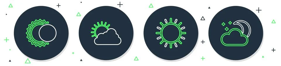 Set line Sun and cloud weather, Eclipse of sun and Cloud with moon stars icon 스톡 일러스트