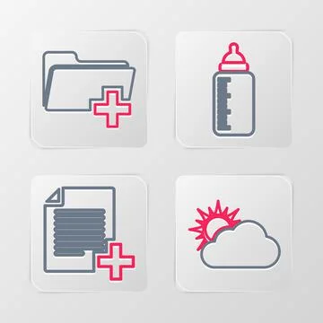 Set line Sun and cloud weather, Add new file, Baby bottle and folder icon. Ve 스톡 일러스트