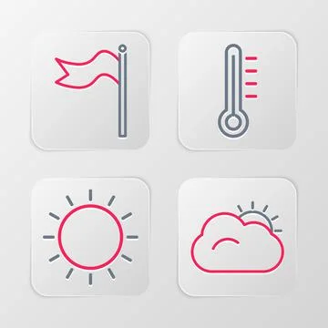 Set line Sun and cloud, Meteorology thermometer and windsock wind vane icon.  Stock Illustration