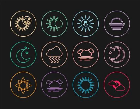 Set line Sun and cloud weather, Moon stars, Sunset, Cloud with rain, Eclipse  스톡 일러스트