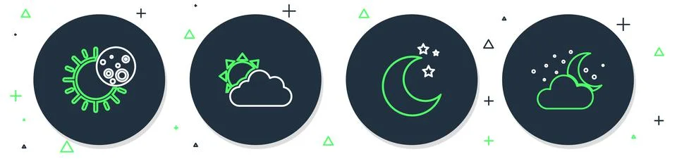 Set line Sun and cloud weather, Moon stars, Eclipse of sun and Cloud with moo Ilustração Stock