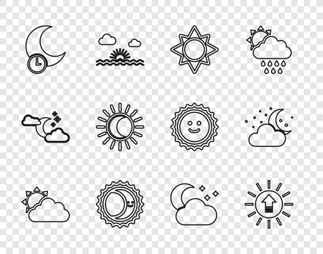 Set line Sun and cloud weather, Sunset, Eclipse of sun, Sleeping moon, Cloud Ilustração Stock