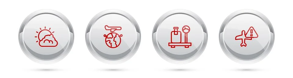 Set line Sun and cloud weather, Globe with flying plane, Scale suitcase and Stock Illustration