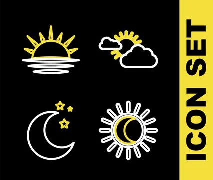 Set line Sun and cloud weather, Eclipse of sun, Moon stars and Sunset icon Ilustração Stock
