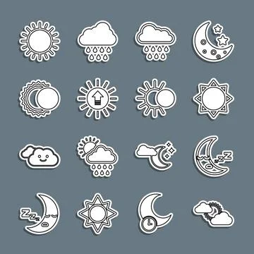 Set line Sun and cloud weather, Moon icon, Cloud with rain, Sunset, Eclipse of Ilustração Stock