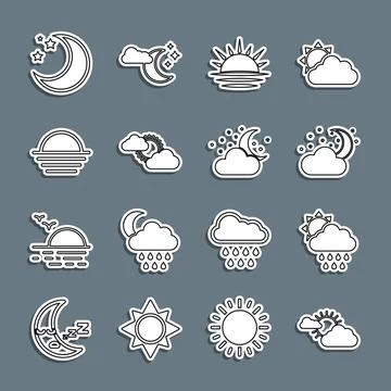 Set line Sun and cloud weather, Cloud with rain sun, moon stars, Sunset, Moon Stock Illustration