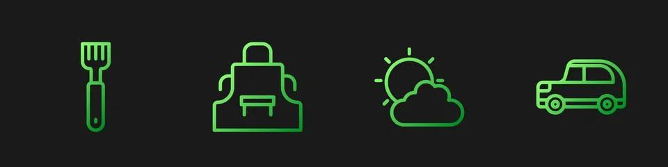 Set line Sun and cloud weather, Fork, Kitchen apron and Car. Gradient color Stock Illustration