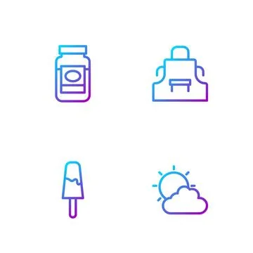 Set line Sun and cloud weather, Ice cream, Jam jar and Kitchen apron. Gradient Stock Illustration
