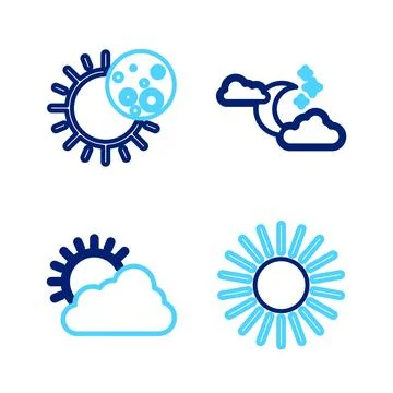 Set line Sun, and cloud weather, Cloud with moon stars and Eclipse of sun icon Ilustração Stock