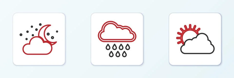 Set line Sun and cloud weather, Cloud with moon stars and rain icon. Vector Stock Illustration