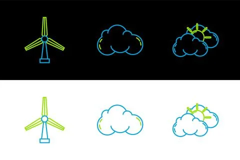Set line Sun and cloud weather, Wind turbine and Cloud icon. Vector Stock Illustration