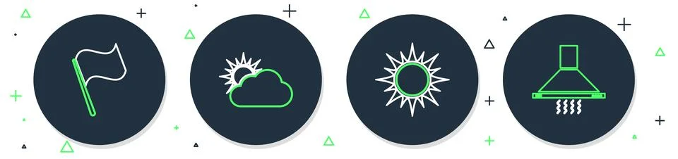 Set line Sun and cloud weather, Flag and Kitchen extractor fan icon. Vector Illustrazione stock