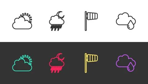 Set line Sun and cloud weather, Cloud with rain moon, Cone windsock wind vane Stock Illustration