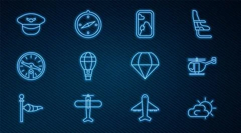 Set line Sun and cloud weather, Helicopter, Airplane window, Hot air balloon Stock Illustration