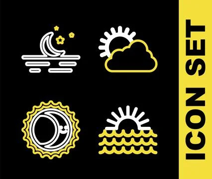 Set line Sun and cloud weather, Sunset, Eclipse of sun and Moon stars icon... Ilustração Stock