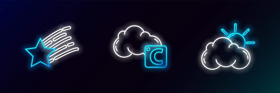 Set line Sun and cloud weather, Falling star and Celsius icon. Glowing neon.. 스톡 일러스트