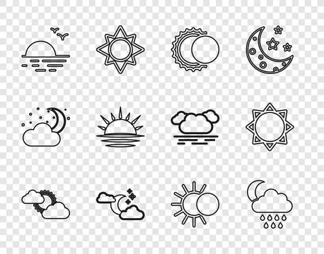Set line Sun and cloud weather, Cloud with rain moon, Eclipse of sun, stars.. 스톡 일러스트