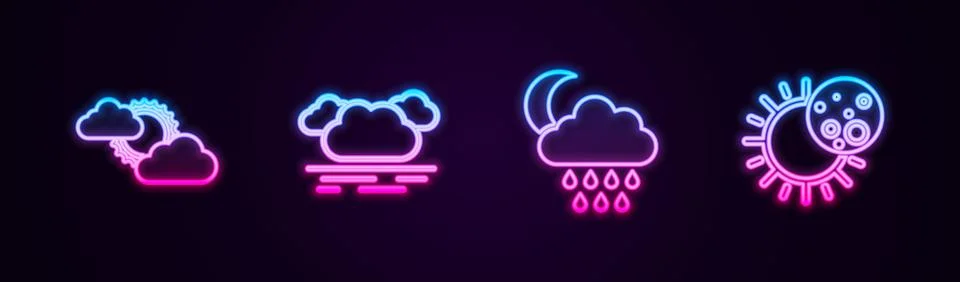 Set line Sun and cloud weather, Cloud, with rain moon and Eclipse of sun. Glo 스톡 일러스트